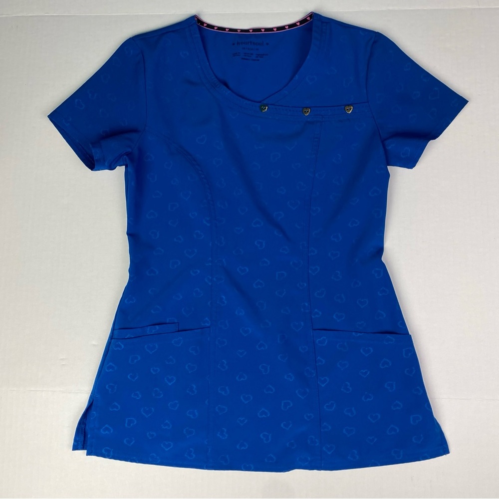 HeartSoul Women's XS Scrub Top Blue 20781 Be Mine Hearts Mock Wrap Top Medical